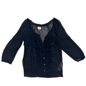 Gilly Hicks Sheer Navy Blouse 💙 Lightweight Ruffle Front • Button‑Down 🌼Size M